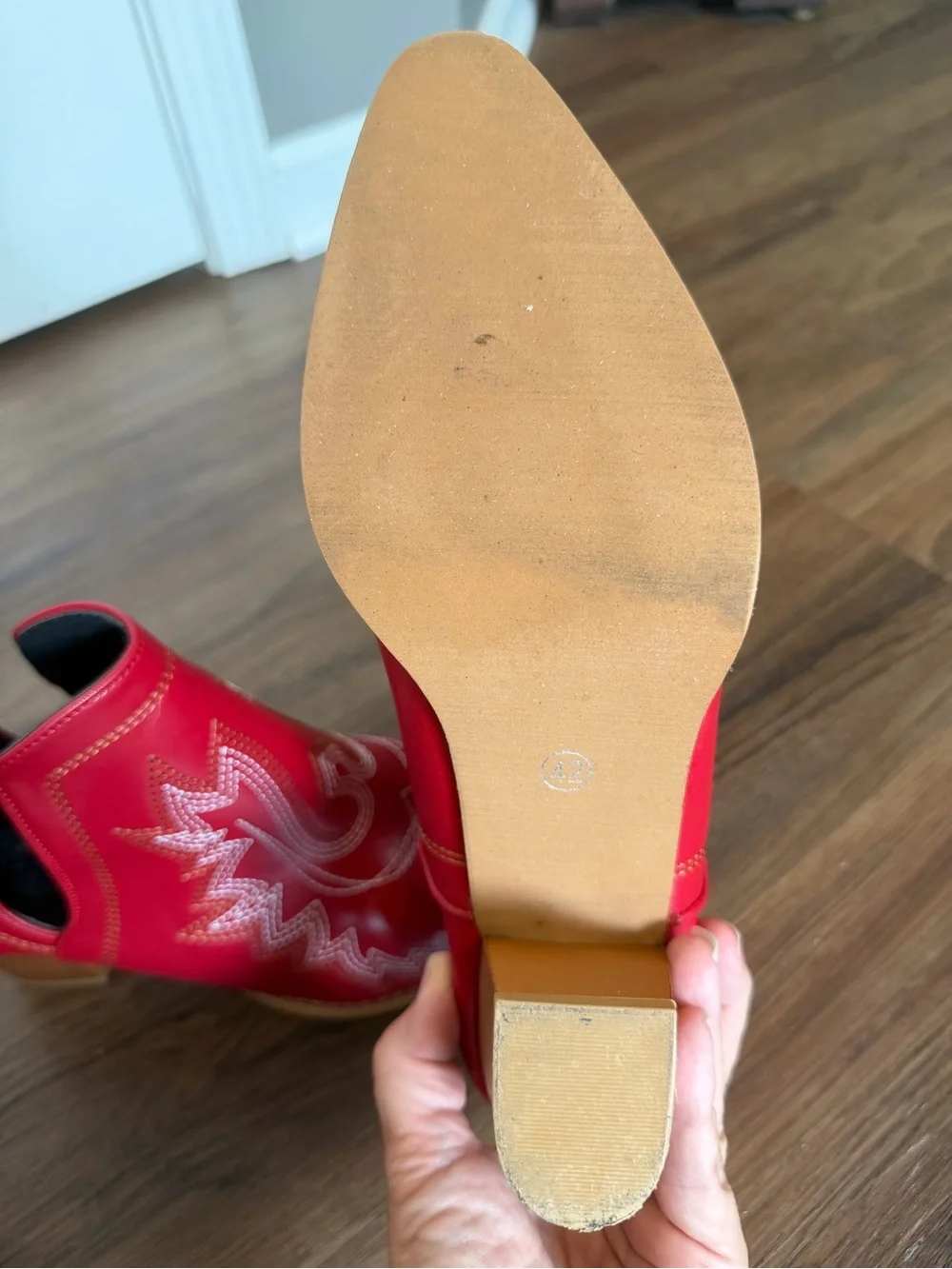 Red Western Ankle Boots with Embroidered Detail - Women